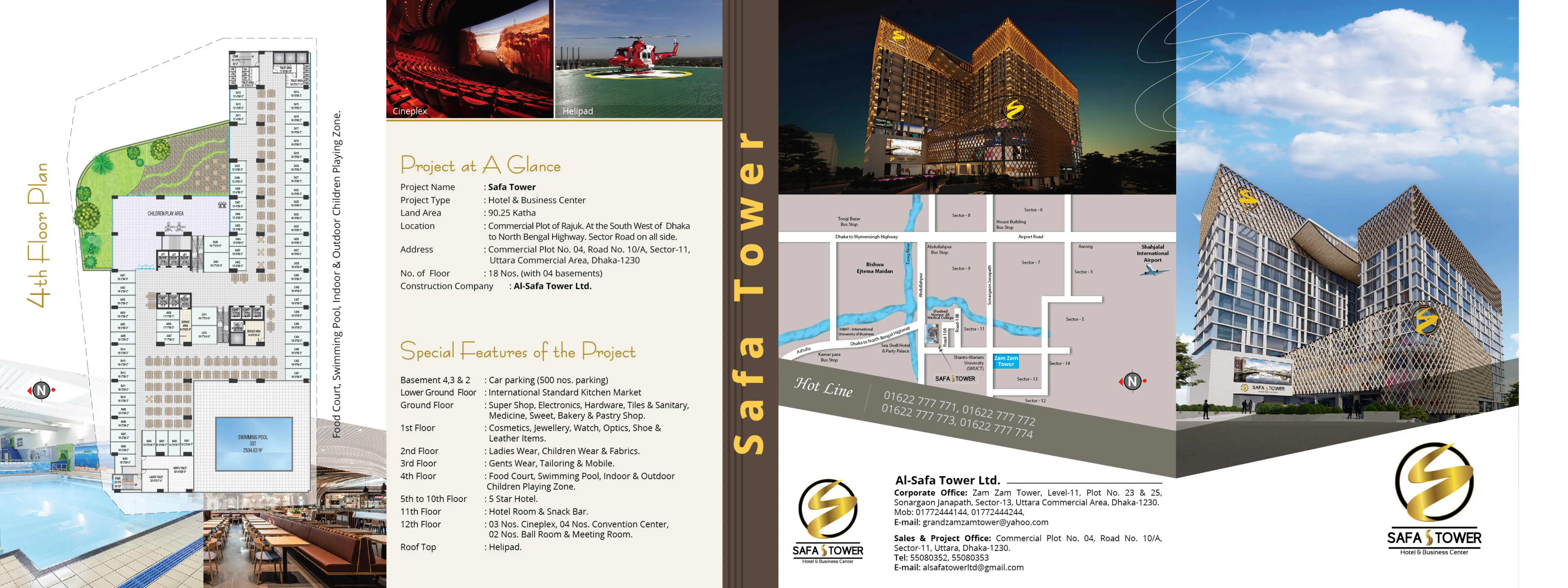 Al-Safa Tower architectural rendering and project brochure showing the tower design, floor plan, and location map in Uttara, Dhaka