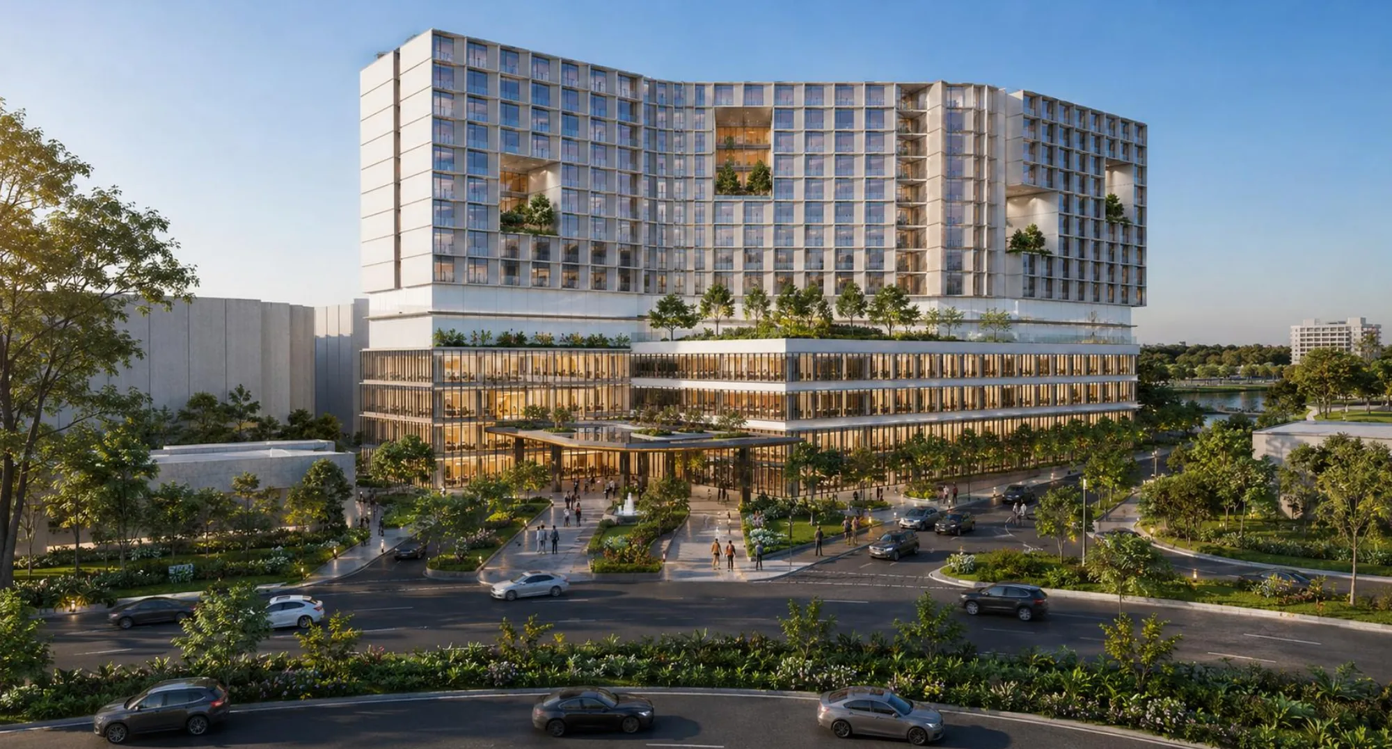 Architectural rendering of Al-Safa Tower's main entrance and arrival plaza, showing the louvered facade of the DoubleTree by Hilton above the retail podium
