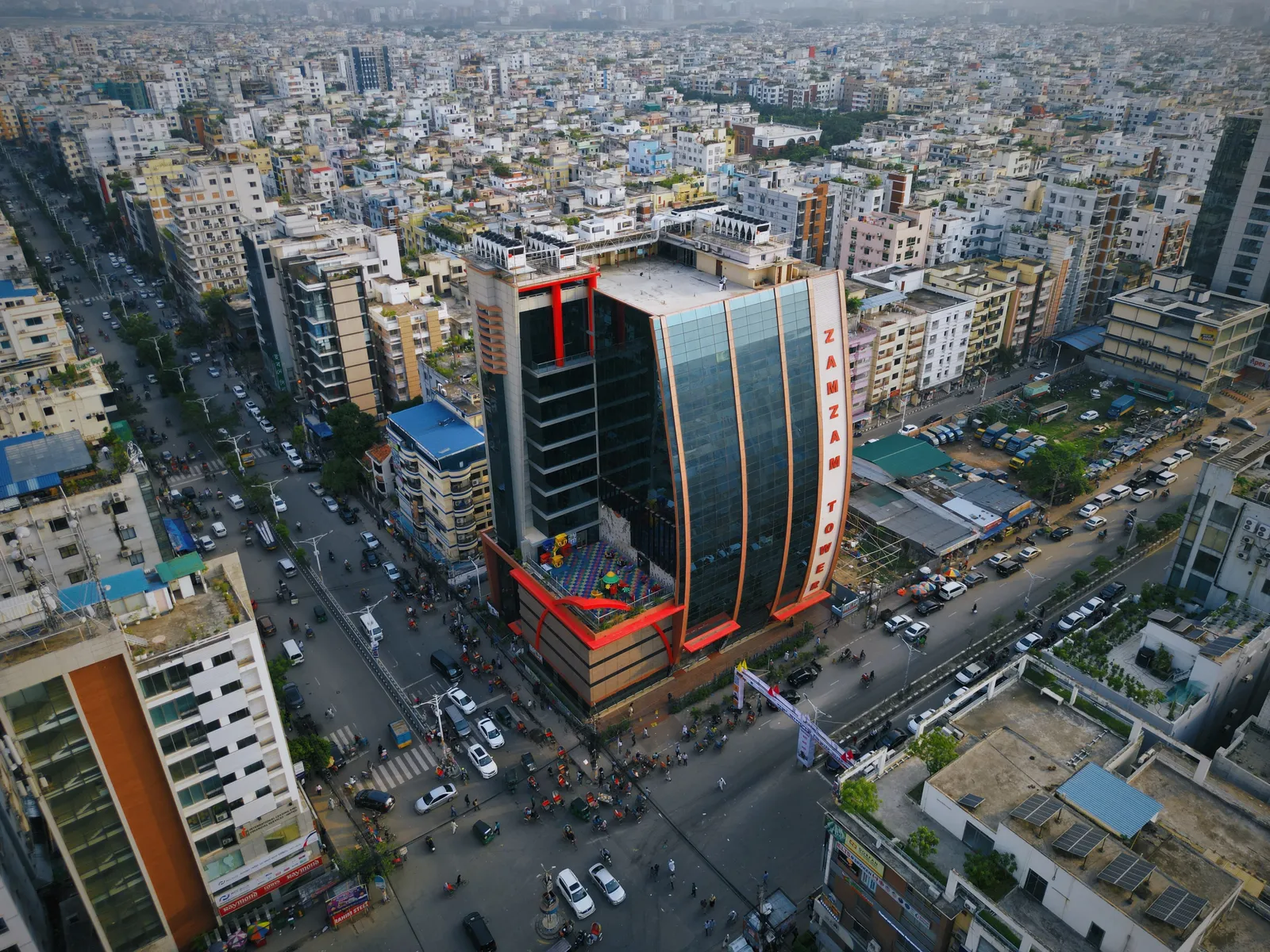 Aerial view of Grand ZamZam Tower, a 17-floor glass and steel skyscraper in Uttara, Dhaka