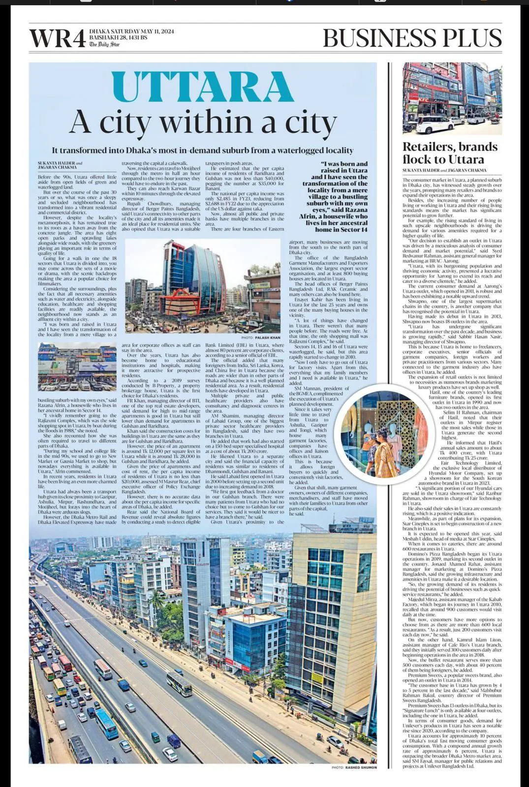 The Daily Star newspaper coverage featuring ZamZam Tower in their report on Uttara's transformation